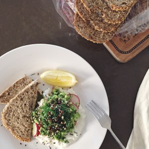 Avo + cottage cheese + radishes + dill + seeds + lemon